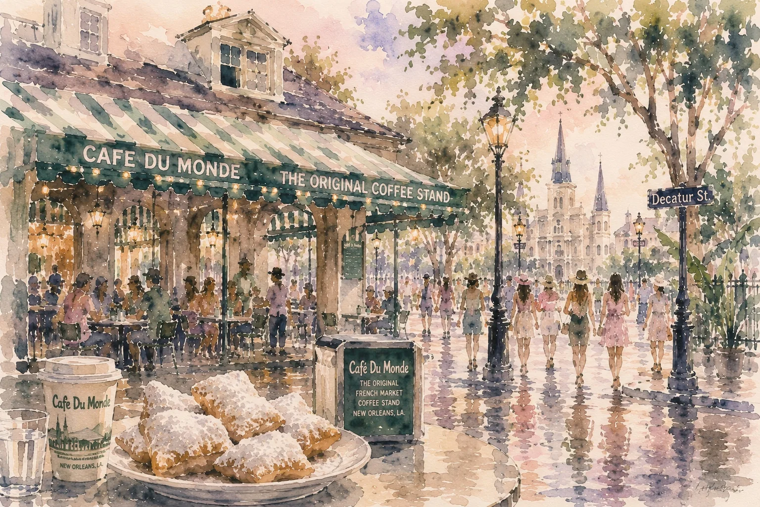 Watercolor Cafe du Monde with beignets in the foreground